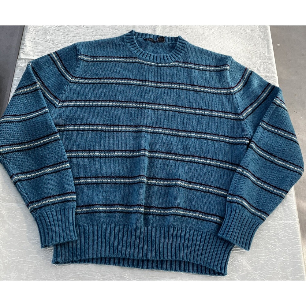 VIP Mens XL Blue Striped Crew Neck Acrylic Knit Sweater Vintage Style Ribbed
